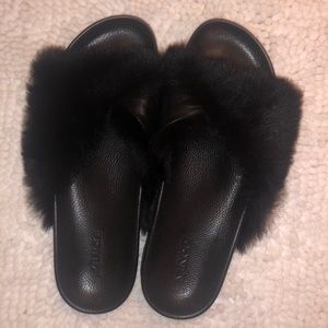 Vince Garrison Leather and Fur Slides Sandals